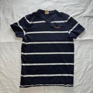 Hollister Men's Navy & White Striped V-Neck Shirt Sz S Y2k Preppy